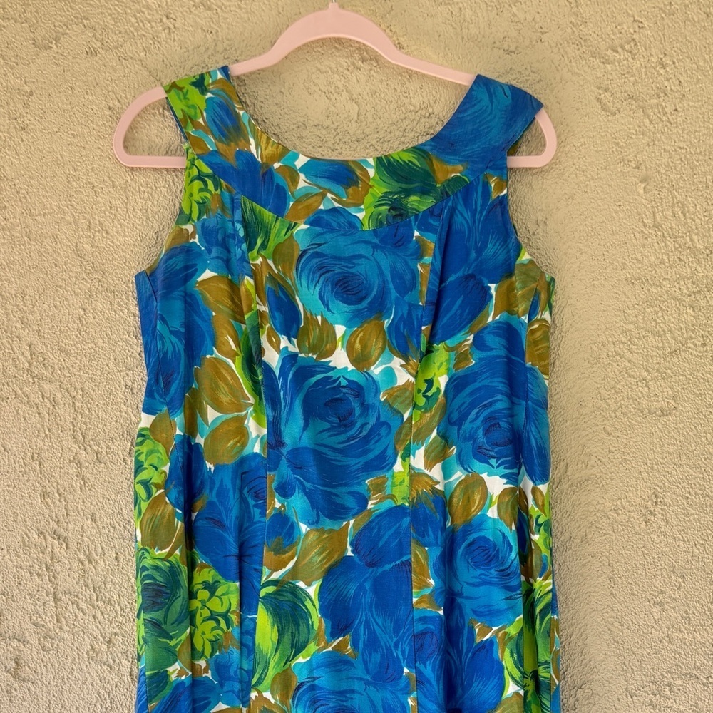 Vintage Basila 60s Vibrant Floral Blue and Green Sleeveless Caftan Hostess Dress - Picture 3 of 13